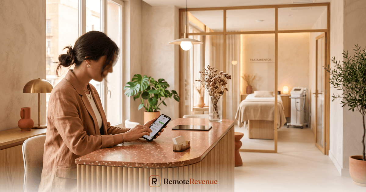 Recepción de un medspa atendiendo consultas de clientas por WhatsApp durante el día