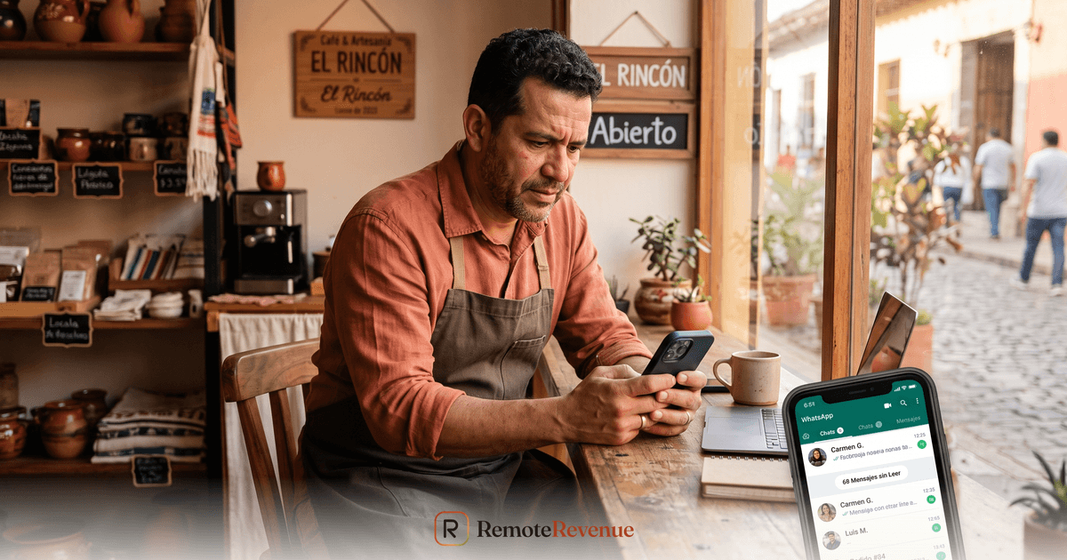 Dueño de negocio revisando en su celular una lista de conversaciones de clientes sin responder